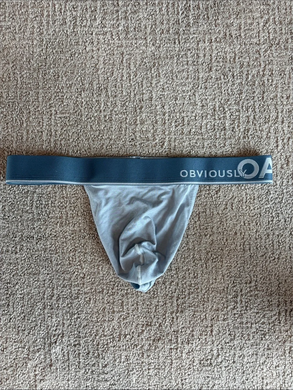 Obviously Men's Thong in Light Gray with Blue Waistband